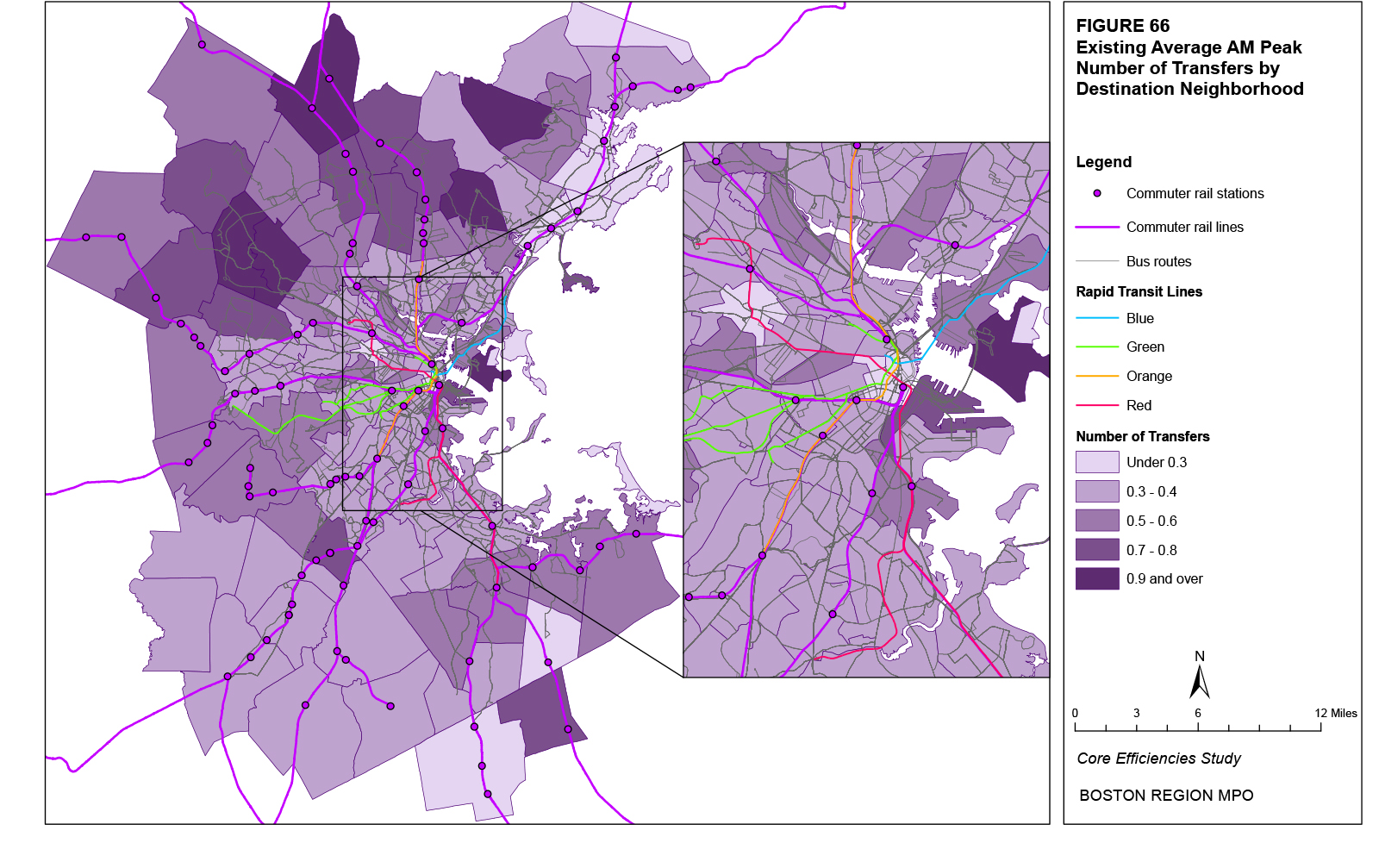 This map shows the existing average AM peak number of transfers for destination trips by neighborhood.